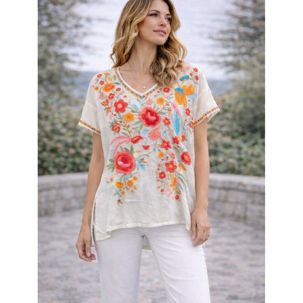Johnny Was Bird Embroidered Blouse XS‎ Cupra Rayon White Boho Luxe